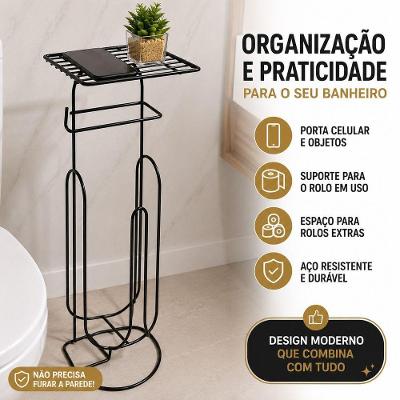 Suporte Organizador Papel Higiênico de Chão com Porta Celular em Aço Preto para Banheiro