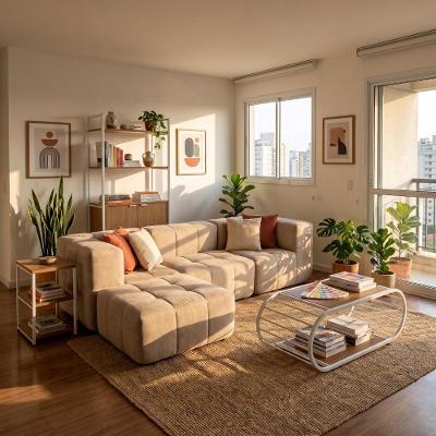 Sofá Modular Boucle Capuccino 3 Lugares 344CM Bege Fibra Sintética Kappesberg