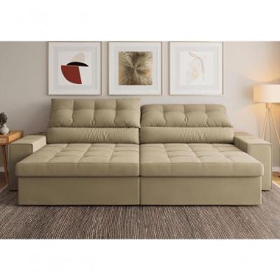 Sofá com Chaise Medelín 5 Lugares Retrátil e Reclinável 275CM Bege Suede
