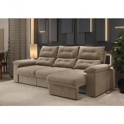 Sofá com Chaise Copacabana 4 Lugares Retrátil 230CM Bege Suede Cia Lar Móveis