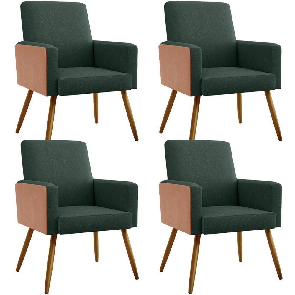 Kit 04 Poltronas Pés Palito Linho Verde Musgo Camel - 1