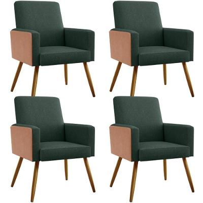 Kit 04 Poltronas Pés Palito Linho Verde Musgo Camel