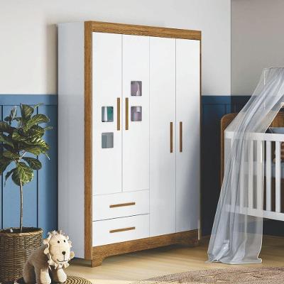 Guarda Roupa Infantil Fly 4 Portas de Bater 2 Gavetas MDF Branco-ypê-branco Tigus Móveis