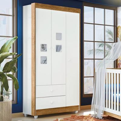 Guarda Roupa Infantil Life 3 Portas de Bater 2 Gavetas MDF Branco-ypê-branco Tigus Móveis 90CM