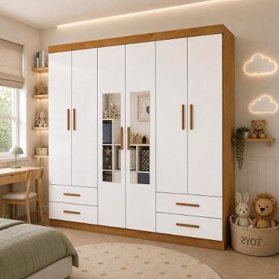 Guarda Roupa Infantil CR35561 6 Portas de Bater 4 Gavetas MDP com Espelho Amadeirado-Branco