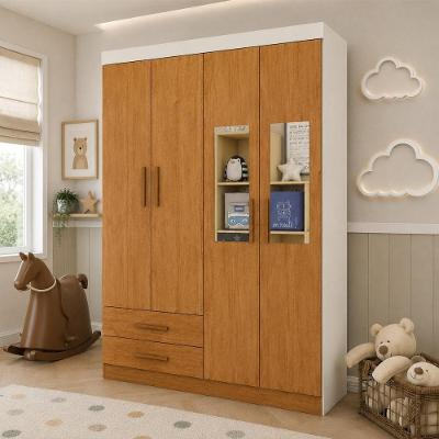 Guarda Roupa Infantil CR35559 4 Portas de Bater 2 Gavetas MDP com Espelho Branco-madeirado