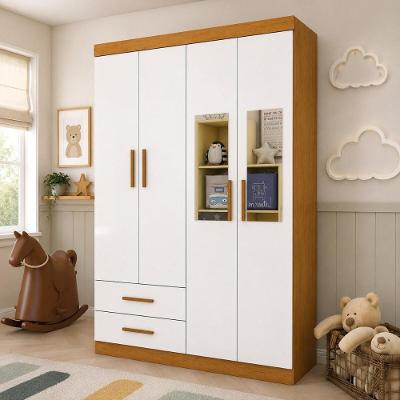 Guarda Roupa Infantil CR35559 4 Portas Bater 2 Gavetas MDP Espelho Madeirado-Branco Multimóveis