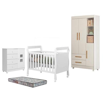 Guarda Roupa Flocos 3 Portas Giratórias 2 Gavetas MDF com Cômoda Berço e Colchão Branco Acetinado