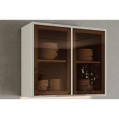 Armário Aéreo Fineze 80CM 2 Portas MDF Vidro Porta de Bater Areia Henn Acabamento Fosco