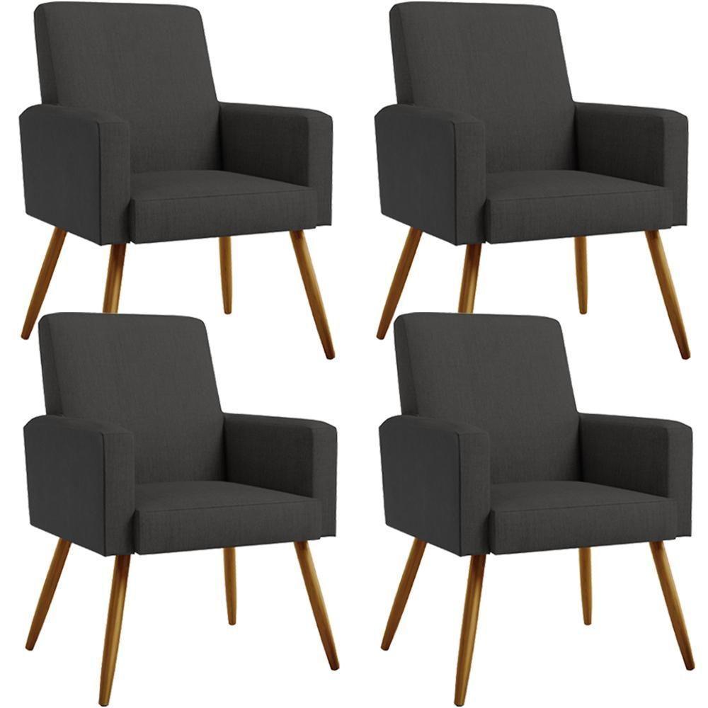 Kit 04 Poltronas Pés Palito Linho Chumbo Couríssimo Preto - 1