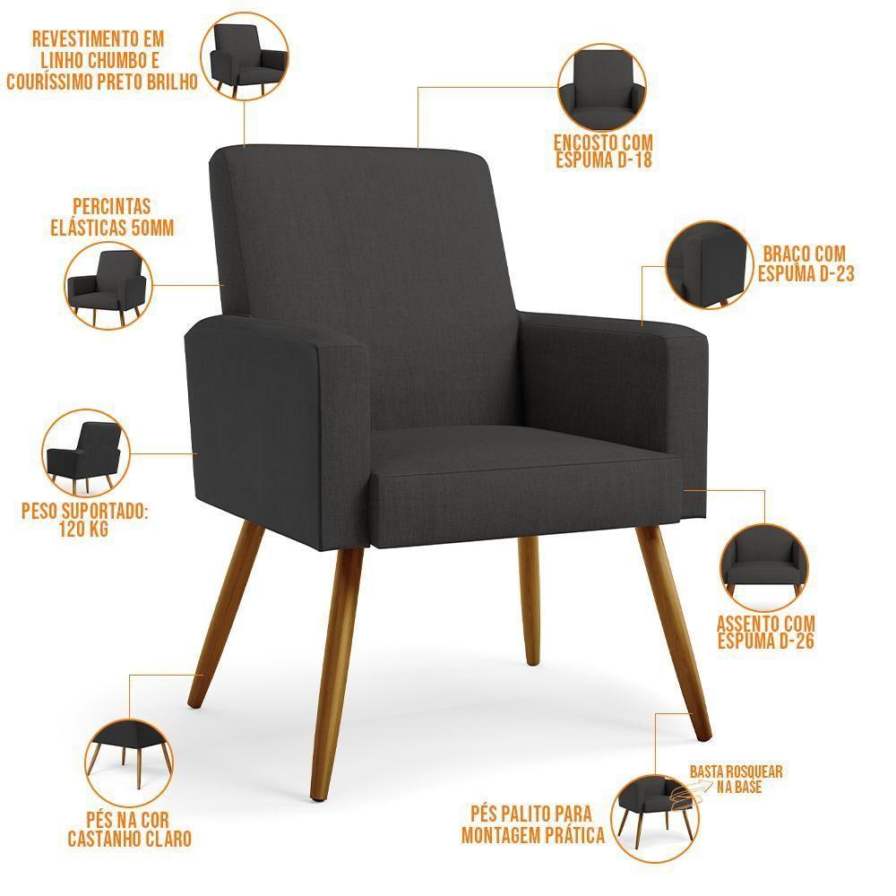 Kit 04 Poltronas Pés Palito Linho Chumbo Couríssimo Preto - 6