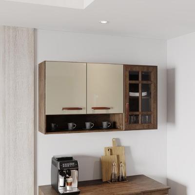 Armário Aéreo Modulado Lisboa 120CM 3 Portas Vidro Vazado Noce Off White Fidelita Móveis