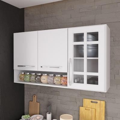 Armário Aéreo de Cozinha Viena 120CM 3 Portas MDP Branco com Vidro Fidelita Móveis
