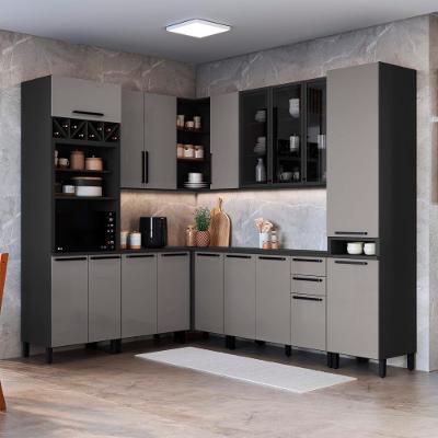 Cozinha Completa Modulada de Canto Mônaco 16 Portas 3 Gavetas MDF-MDP Chumbo-titânio Fidelita Móveis