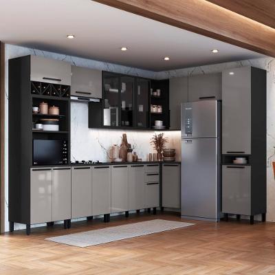 Cozinha Completa Modulada de Canto Mônaco 16 Portas 3 Gavetas 549CM Chumbo Titânio Fidelita Móveis