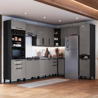 Cozinha Completa Modulada de Canto Mônaco 14 Portas 6 Gavetas 549CM Chumbo Titânio Fidelita Móveis
