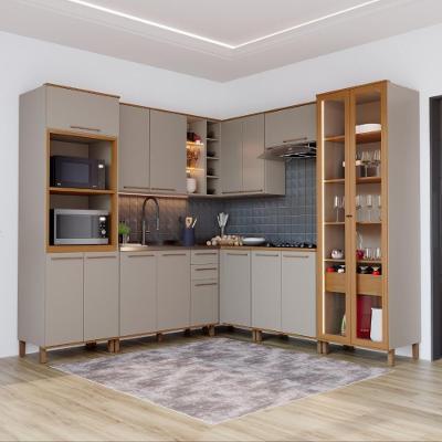 Cozinha Completa Modulada de Canto Berlim 16 Portas 3 Gavetas MDF-MDP Camurça-Freijó Fidelita Móveis