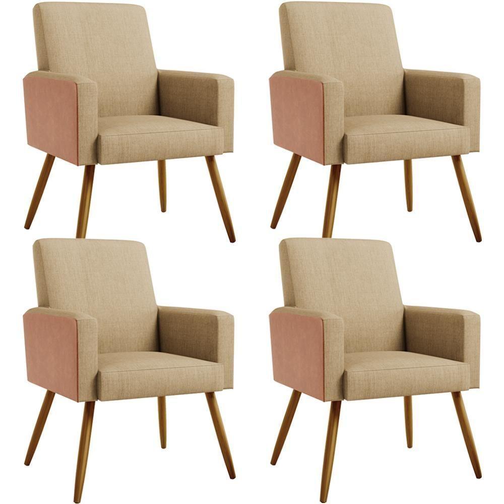 Kit 04 Poltronas Pés Palito Linho Bege Escuro Camel - 1