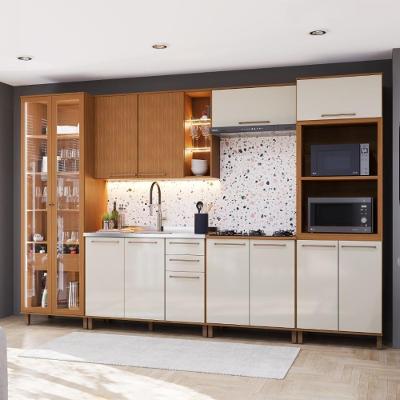 Cozinha Completa Modulada Berlim 13 Portas 3 Gavetas MDF-MDP 340CM Freijó-Off-White