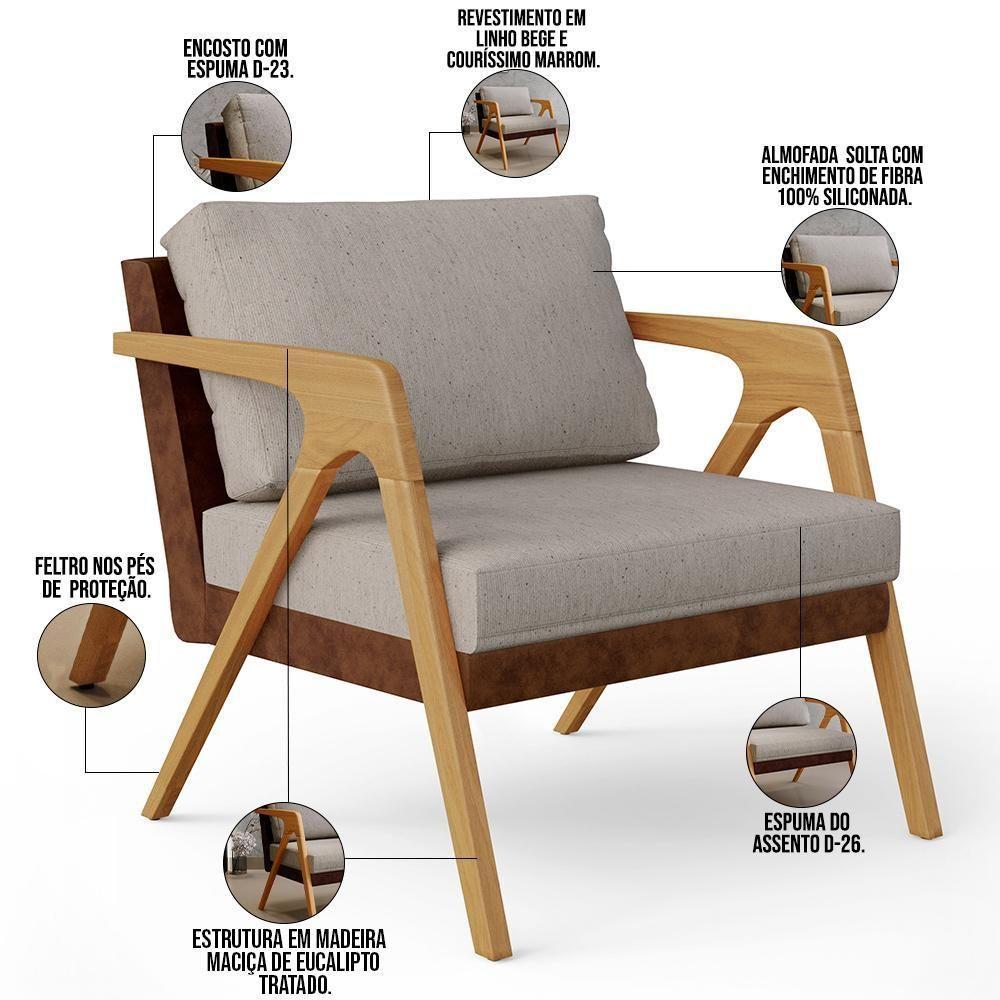 Kit 04 Poltronas Pietra L02 Couríssimo Marrom Linho Bege - 6