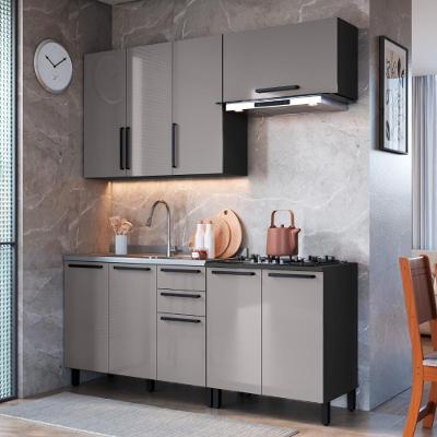 Cozinha Compacta Modulada Mônaco 8 Portas 3 Gavetas MDP 200cm Chumbo-titânio Fidelita Móveis
