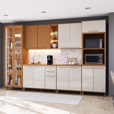 Cozinha Completa Modulada Berlim 14 Portas 3 Gavetas MDF-MDP 340cm Freijó-off-white