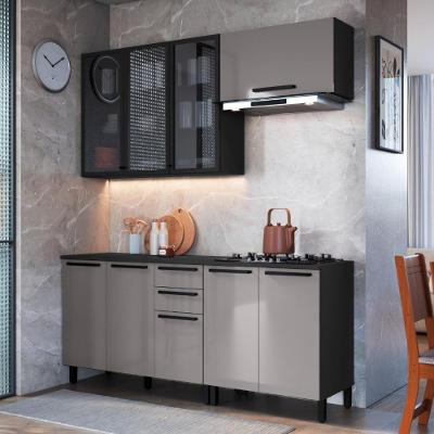 Armário de Cozinha Modulada Completa Mônaco 8 Portas 3 Gavetas 200cm Chumbo Titânio Fidelita Móveis
