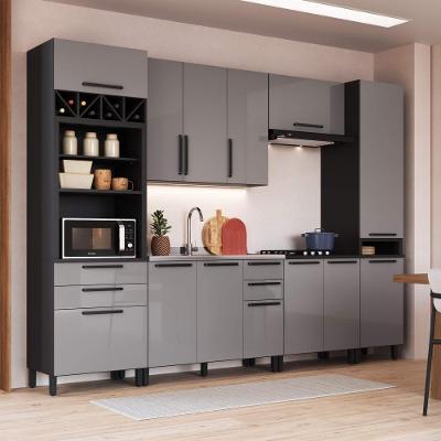 Armário de Cozinha Modulada Completa Mônaco 11 Portas 6 Gavetas 320CM Chumbo Titânio Fidelita Móveis