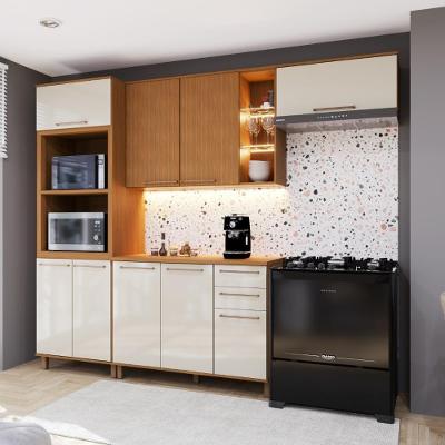 Cozinha Compacta Modulada Berlim 9 Portas 2 Gavetas MDF-MDP Freijó-off-white Fidelita Móveis