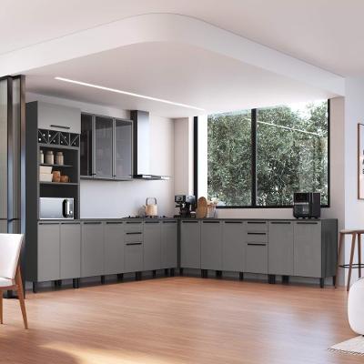 Armário de Cozinha Modulada Completa de Canto Mônaco 15 Portas 6 Gavetas MDF-MDP 566CM Titânio