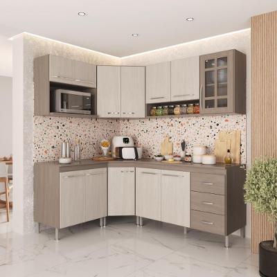 Armário de Cozinha Modulada Completa de Canto Paris 12 Portas 3 Gavetas MDP-MDF 340CM Nogal-Salinas