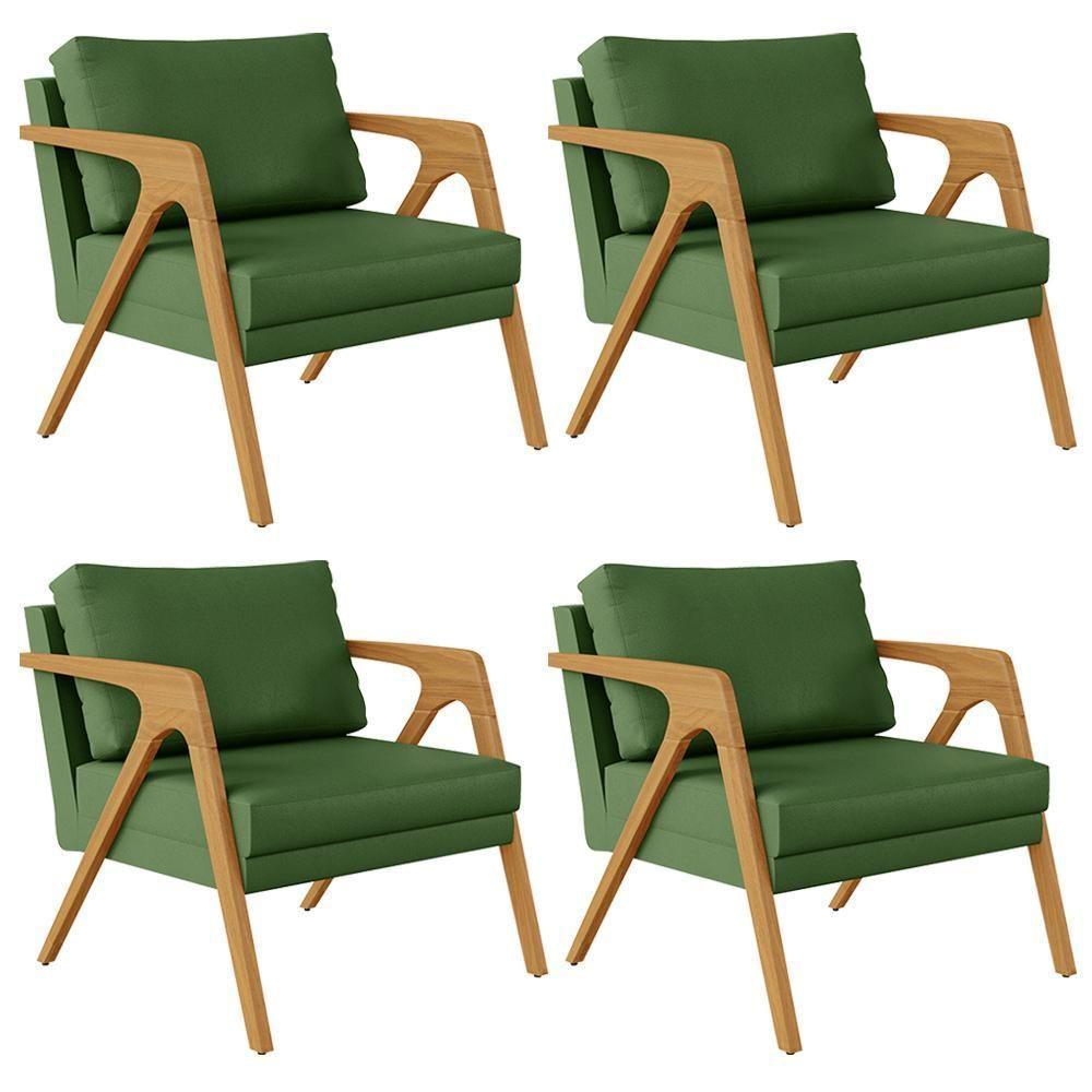 Kit 04 Poltronas Com Estrutura Madeira L02 Facto Verde Musgo - 1
