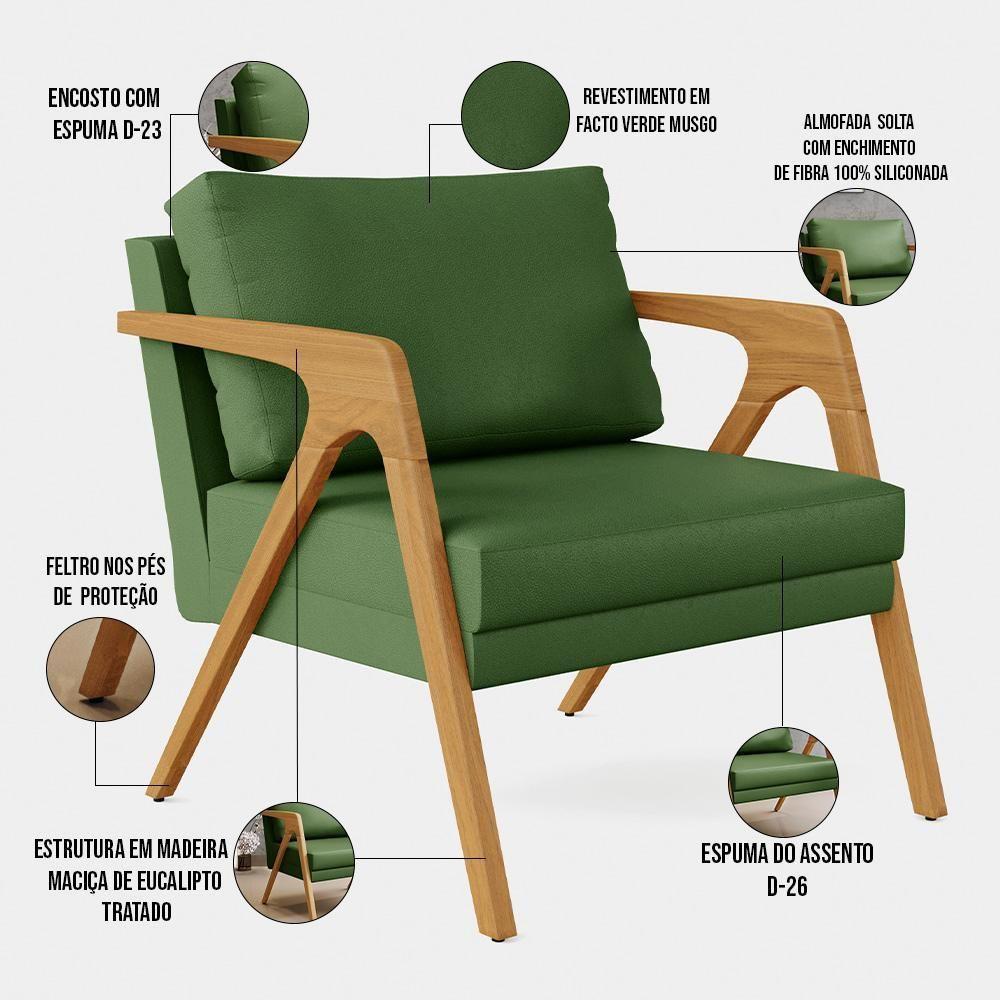 Kit 04 Poltronas Com Estrutura Madeira L02 Facto Verde Musgo - 6