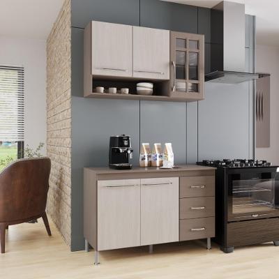 Armário de Cozinha Modulada Compacta Paris 5 Portas 3 Gavetas 120cm Nogal Salinas Fidelita Móveis