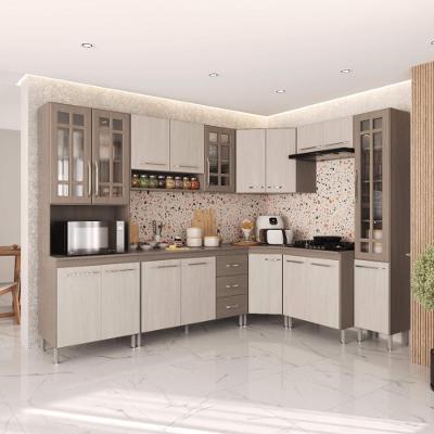 Armário de Cozinha Modulada Completa de Canto Paris 18 Portas 3 Gavetas 445CM Nogal Salinas Fidelita