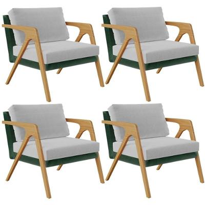 Kit 04 Poltronas Sala L02 Facto Verde Musgo Linho Cinza