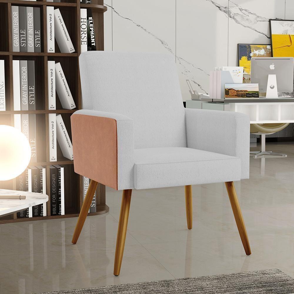 Kit 04 Poltronas Pés Palito Linho Cinza Couríssimo Camel - 8