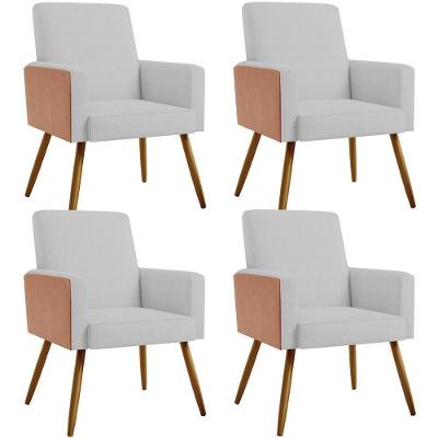 Kit 04 Poltronas Pés Palito Linho Cinza Couríssimo Camel