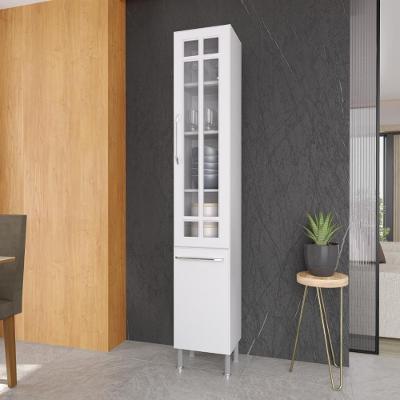 Paneleiro Simples Modulado com Vidro Viena 2 Portas 3 Prateleiras 35CM Branco Fidelita Móveis