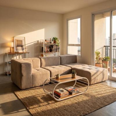 Sofá Modular Sync 3 Lugares 344CM Bege Boucle com Puff Kappesberg