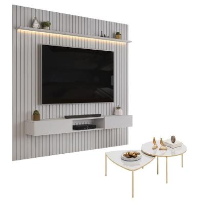 Painel para TV Trento 250 Ripado com Bancada com LED 250CM MDF Amadeirado com Mesa de Centro Lina