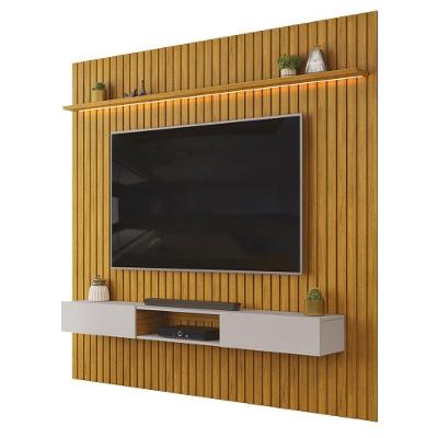 Painel para TV com Bancada Trento 75 Polegadas 250CM MDF Ripado Cedro Bali com LED DJ Móveis