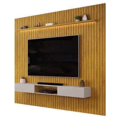 Painel para TV com Bancada Trento 75 Polegadas 275CM MDF Ripado LED Cedro Bali DJ Móveis
