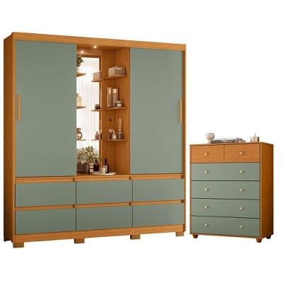 Guarda Roupa com Cômoda Atena 2 Portas de Correr 6 Gavetas MDP Espelho Cinamomo Salvia Albatroz