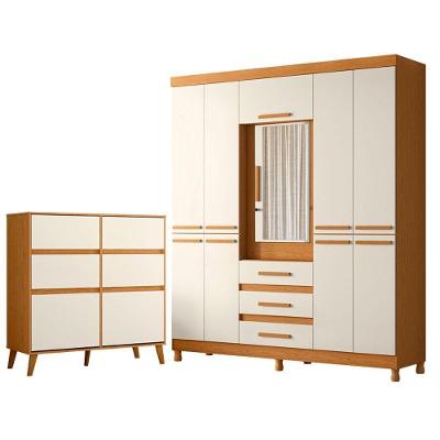 Guarda Roupa Casal e Cômoda Sapateira New Fusion e Dora 10 Portas 7 Gavetas MDF MDP Cinamomo Off