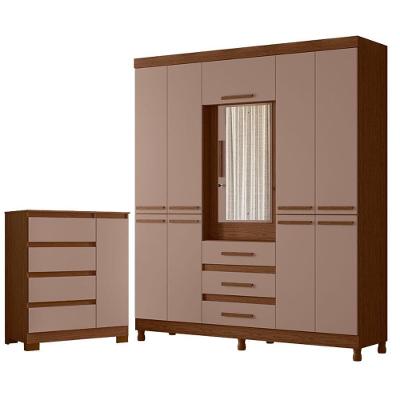 Guarda Roupa Casal e Cômoda Sapateira New Fusion Olimpia 10 Portas 3 Gavetas MDF Nogueira Capuccino
