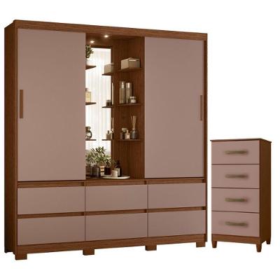 Guarda Roupa Solteiro Atena 2 Portas Correr Espelho 6 Gavetas MDP Nogueira Capuccino Albatroz Móveis