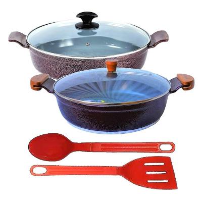 Jogo Frigideiras Antiaderente T03 N09 Alumínio Cerâmica 30CM Tampa Vidro Talheres Nylon Javali