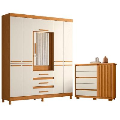 Guarda Roupa Casal com Cômoda Sapateira New Fusion e Duetto 10 Portas 5 Gavetas MDF Cinamomo Off