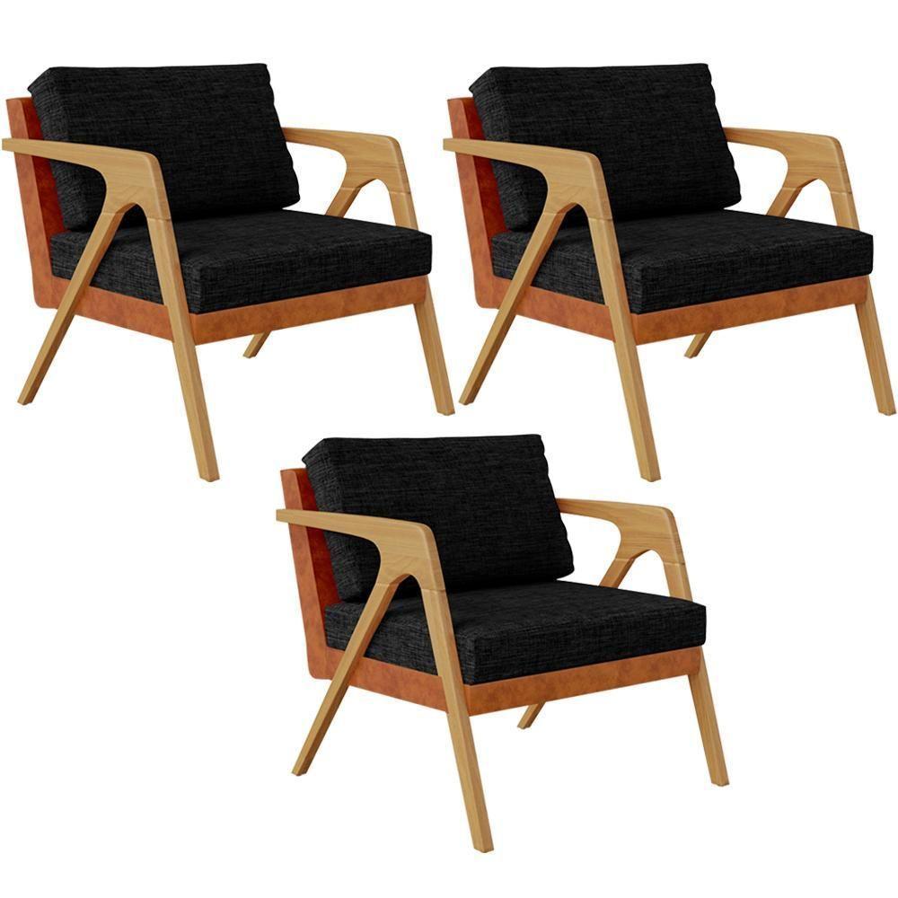 Kit 03 Poltronas Sala L02 Couríssimo Camel Linho Chumbo - 1